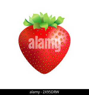 Realistic strawberry. 3 D design. Clipart template. Ripe berry, 3D leaves and seeds. Isolated elements. Cute icon. Fruit company logo concept. digital Stock Vector