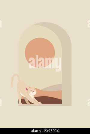 View from the window, cat peeking through the window. Cat life concept, vector illustration. Desert landscape. Stock Vector