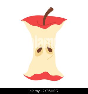 Red Apple Core. Hand drawn trendy flat style isolated on white. Apple eaten cartoon image art. Healthy vegetarian snack, apple core for design, infographic. Vector illustration Stock Vector