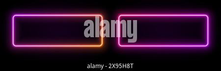 Neon rectangle frame with light. Border with led glow. Geometric shape laser sign for text. Fluorescent design elements for club, buttons or advertising. Stock Vector
