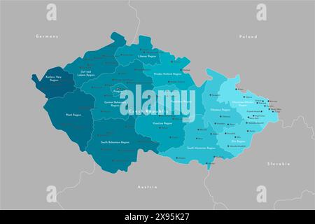 Vector modern illustration. Simplified administrative map of Czech Republic. Border with nearest states Austria, Germany and etc. Blue shapes of regio Stock Vector