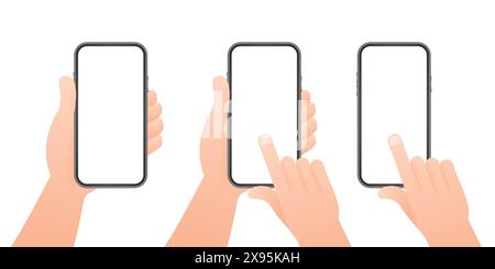 Hand holding mobile phone. Hand operating a smartphone. Finger touching, tapping and scrolling. Stock Vector