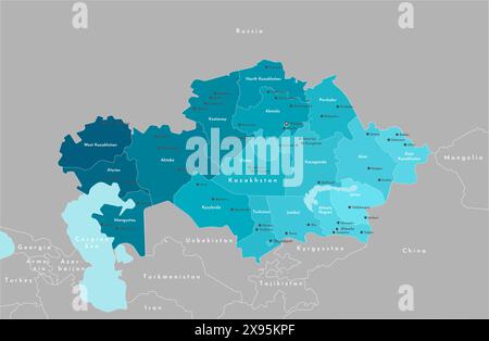 Vector modern illustration. Simplified administrative map of Kazakhstan. Border with nearest states Russia, China and etc. Blue shape of sea. Names of Stock Vector