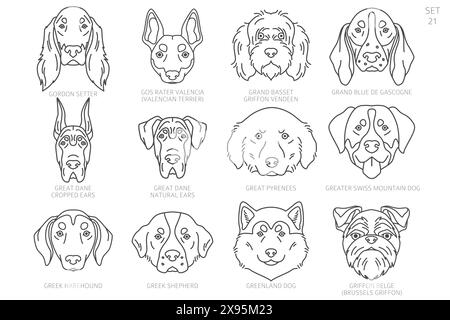 Dog head Silhouettes in alphabet order. All dog breeds. Simple line vector design. Vector illustration Stock Vector