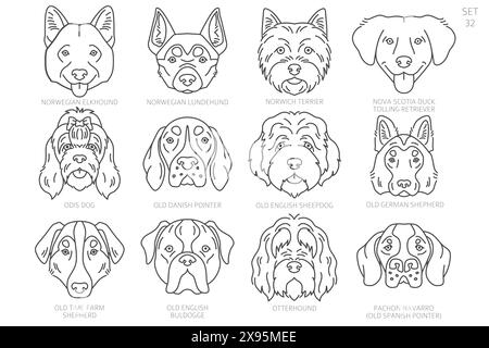 Dog head Silhouettes in alphabet order. All dog breeds. Simple line vector design. Vector illustration Stock Vector