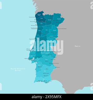 Vector modern illustration. Simplified administrative map of Portugal. Border with nearest state Spain. Blue background of seas. Names of cities and D Stock Vector