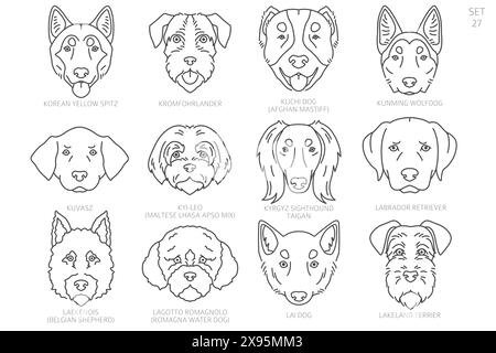 Dog head Silhouettes in alphabet order. All dog breeds. Simple line vector design. Vector illustration Stock Vector