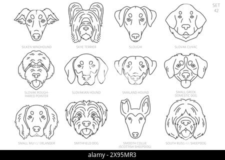 Dog head Silhouettes in alphabet order. All dog breeds. Simple line vector design. Vector illustration Stock Vector
