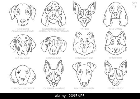 Dog head Silhouettes in alphabet order. All dog breeds. Simple line vector design. Vector illustration Stock Vector