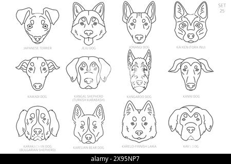 Dog head Silhouettes in alphabet order. All dog breeds. Simple line vector design. Vector illustration Stock Vector