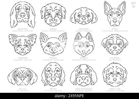 Designers Dog head Silhouettes in alphabet order. All dog mix breeds. Simple line vector design. Vector illustration Stock Vector