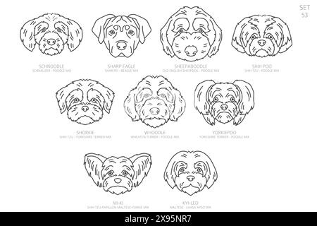 Designers Dog head Silhouettes in alphabet order. All dog mix breeds. Simple line vector design. Vector illustration Stock Vector