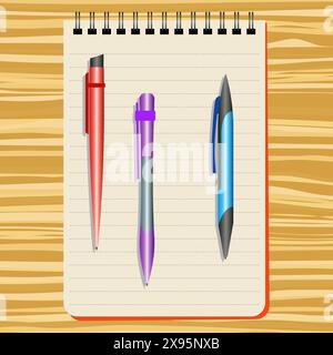 Notebook,  red  pen, purple pen and blue pen on a wooden table Stock Vector