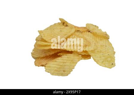 A mountain of ribbed chips lies on a white background. Stock Photo