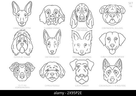 Dog head Silhouettes in alphabet order. All dog breeds. Simple line vector design. Vector illustration Stock Vector