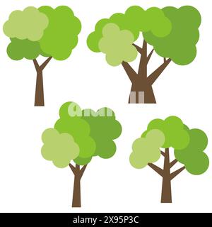 Set of four different cartoon green trees isolated on white background. Vector illustration Stock Vector