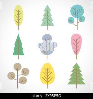 Set of nine multicolored trees on white background. Vector illustration. Stock Vector