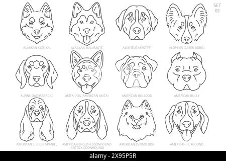 Dog head Silhouettes in alphabet order. All dog breeds. Simple line vector design. Vector illustration Stock Vector