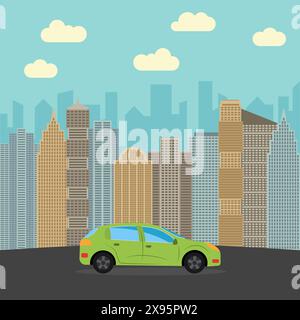 Green car in the city. Automobile on a background of skyscrapers on a sunny day. Vector illustration. Stock Vector