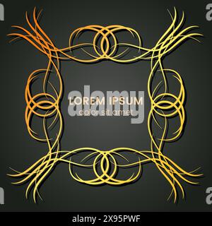 A square golden monogram element on a dark background. Vector illustration. Stock Vector