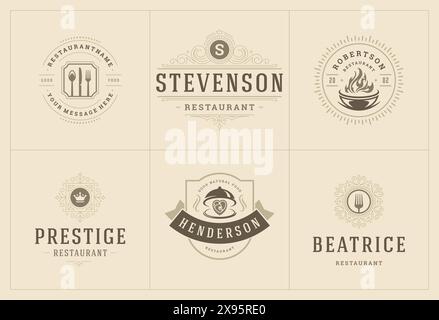 Restaurant logos templates set vector illustration good for menu labels and cafe badges. Vintage typography decoration design elements and symbols. Stock Vector