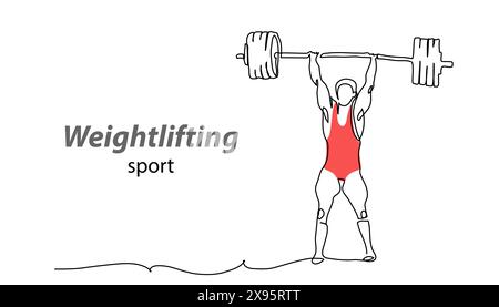 Weightlifting vector background, banner, poster. One continuous line art drawing illustration of weightlifting sport Stock Vector