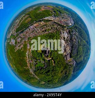 Luftbild, Innenstadtansicht und Fluss Lenne,, Schloss Hohenlimburg mit Schlossgarten, Waldgebiet Schlossberg, Gewerbegebiet Obernahmerstraße, Erdkugel, Fisheye Aufnahme, Fischaugen Aufnahme, 360 Grad Aufnahme, tiny world, little planet, fisheye Bild, Hohenlimburg, Hagen, Ruhrgebiet, Nordrhein-Westfalen, Deutschland ACHTUNGxMINDESTHONORARx60xEURO *** Aerial view, city center view and river Lenne,, castle Hohenlimburg with castle garden, forest area Schlossberg, industrial area Obernahmerstraße, earth globe, fisheye image, fisheye image, 360 degree image, tiny world, little planet, fisheye image Stock Photo