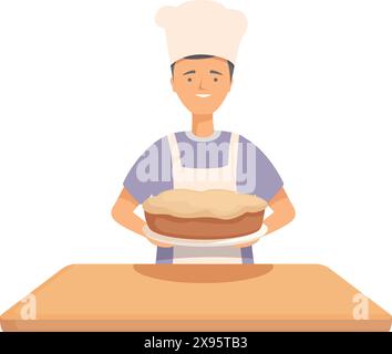Smiling cartoon chef in a white hat holds a freshly baked pie on a table Stock Vector