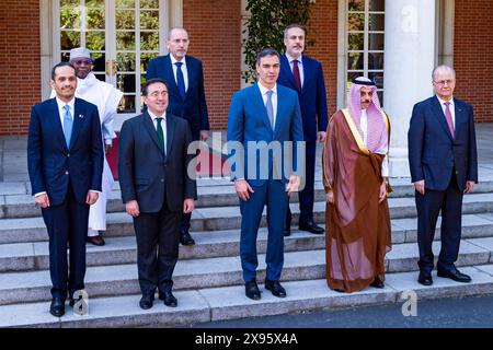 Spanish prime minister Pedro Sanchez (C) receives a group of ministers from Arab countries (in the front row, from L to R) Sheikh Mohammed bin Abdulrahman bin Jassim Al Thani (Prime Minister of Qatar), Jose Manuel Albares (Spanish minister of External Affairs), Prince Faisal bin Farhan Al Saud (Minister of Foreign Affairs of Saudi Arabia), Mohamed Mustafa (Prime Minister of Palestine); (in the second raw, from L to R) Hissein Brahim Taha (Secretary General of the Organisation of Islamic Cooperation), Ayman Safadi (Minister of Foreign Affairs of Jordan) and Hakan Fidan (Minister of Foreign Affa Stock Photo