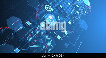 Abstract circuit board and hexagons on gradient color background. Hi-tech digital technology concept. Stock Vector