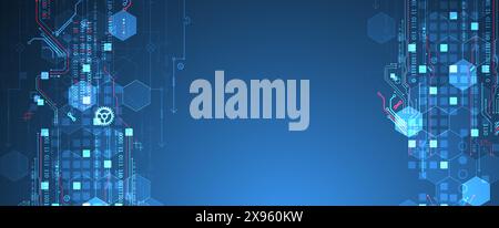 Abstract circuit board and hexagons on gradient color background. Hi-tech digital technology concept. Stock Vector