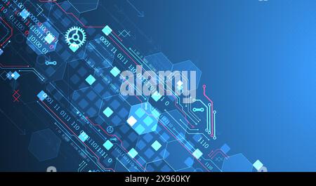 Abstract circuit board and hexagons on gradient color background. Hi-tech digital technology concept. Stock Vector