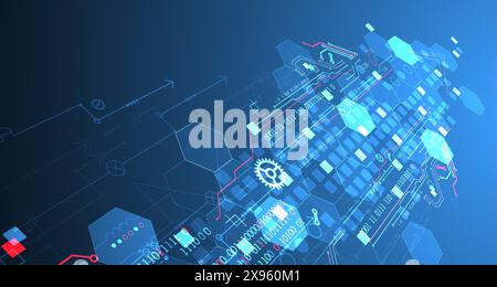 Abstract circuit board and hexagons on gradient color background. Hi-tech digital technology concept. Stock Vector