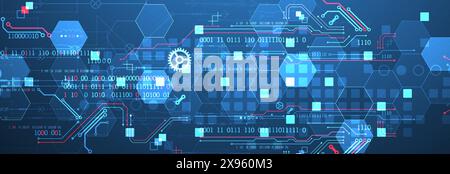 Abstract circuit board and hexagons on gradient color background. Hi-tech digital technology concept. Stock Vector