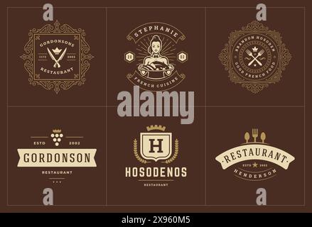 Restaurant logos templates set vector illustration good for menu labels and cafe badges. Vintage typography decoration design elements and symbols. Stock Vector