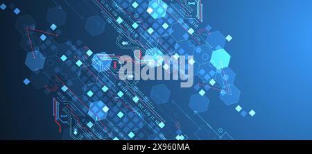 Abstract circuit board and hexagons on gradient color background. Hi-tech digital technology concept. Stock Vector