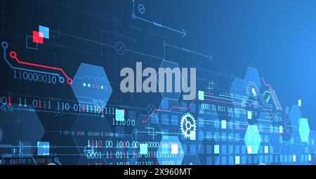 Abstract circuit board and hexagons on gradient color background. Hi-tech digital technology concept. Stock Vector