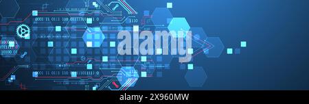 Abstract circuit board and hexagons on gradient color background. Hi-tech digital technology concept. Stock Vector