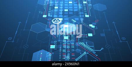Abstract circuit board and hexagons on gradient color background. Hi-tech digital technology concept. Stock Vector