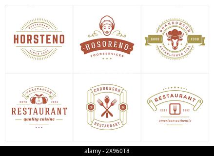 Restaurant logos templates set vector illustration good for menu labels and cafe badges. Vintage typography decoration design elements and symbols. Stock Vector