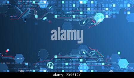 Abstract circuit board and hexagons on gradient color background. Hi-tech digital technology concept. Stock Vector