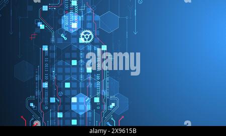 Abstract circuit board and hexagons on gradient color background. Hi-tech digital technology concept. Stock Vector