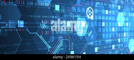 Abstract circuit board and hexagons on gradient color background. Hi-tech digital technology concept. Stock Vector