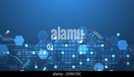 Abstract circuit board and hexagons on gradient color background. Hi-tech digital technology concept. Stock Vector