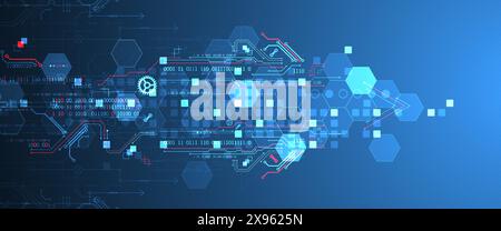 Abstract circuit board and hexagons on gradient color background. Hi-tech digital technology concept. Stock Vector