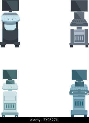 Collection of four isolated vector illustrations showing different styles of office desks with computer setups Stock Vector