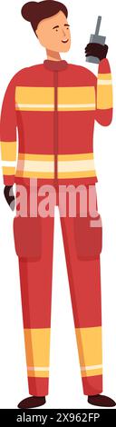 Confident male firefighter holding a walkietalkie and wearing protective gear. Standing in fulllength uniform. Smiling. And ready to communicate for emergency services. Safety. And rescue Stock Vector