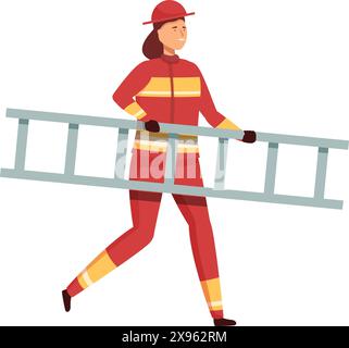 Illustration of a confident woman firefighter in full uniform walking while carrying a ladder Stock Vector