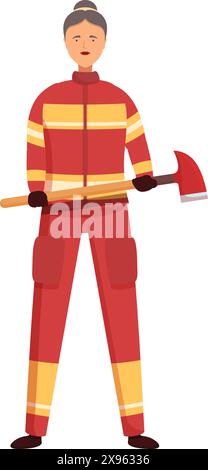Illustration of a confident female firefighter dressed in full gear holding an axe Stock Vector