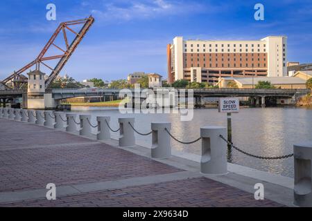 Hillsboro River Tampa Riverwalk Florida Railroad crossing in upright position. Downtown Tampa Florida Hillsborough County USA America United States Stock Photo